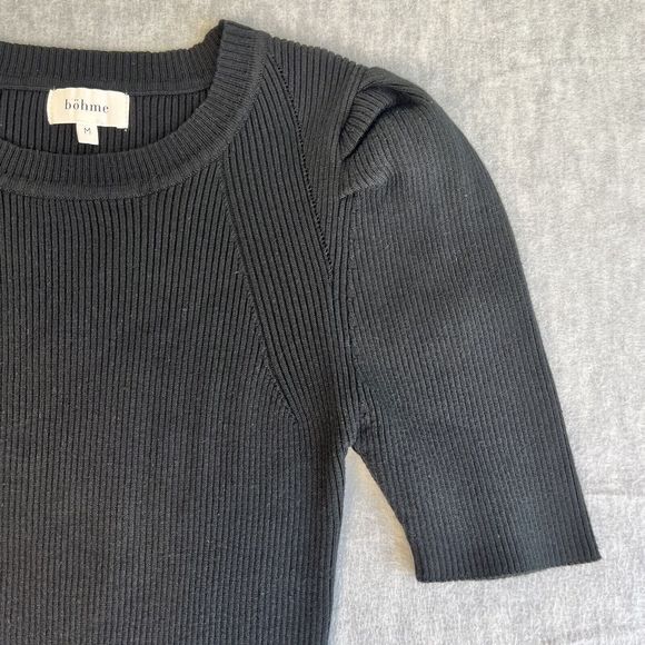 Bohme Rib Knit Bodycon Stretch Dress Black Short Sleeve Size Medium - Picture 8 of 10